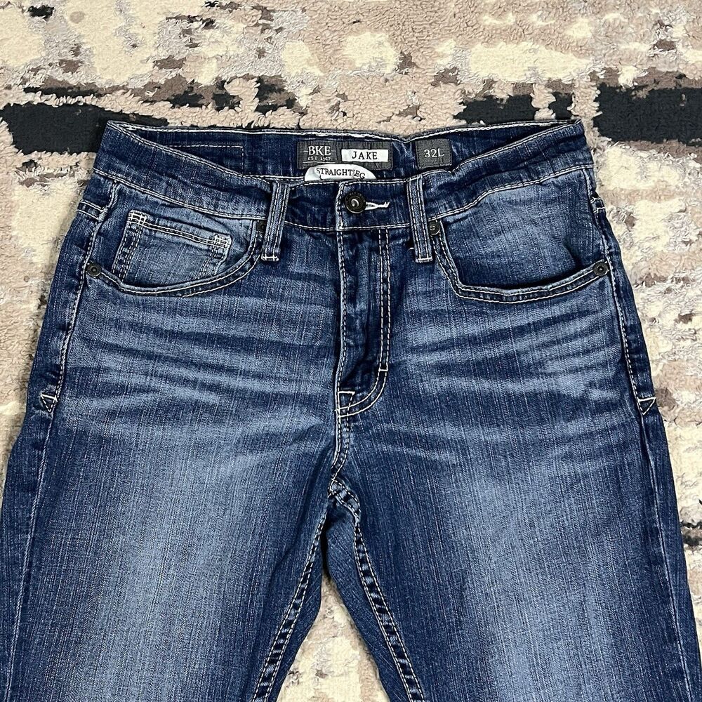 BKE Jake Straight Leg Jeans Mens 32Lx33 Blue Whiskered Stretch Denim Buckle - Picture 2 of 12